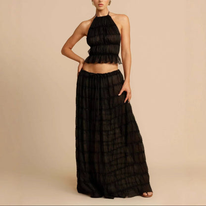 Ensemble Deux Pièces Femme – Haut Halter Froncé – Jupe Longue Taille Élastique – Tissu Respirant