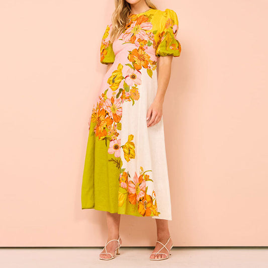 Robe midi femme – Coupe évasée – Manches bouffantes – Imprimé floral ethnique – Tissu respirant