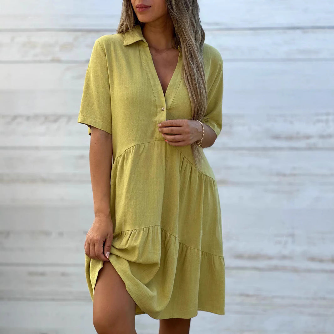 Robe femme évasée – Fibres naturelles respirantes – Manches courtes – Col boutonné