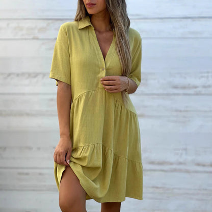 Robe femme évasée – Fibres naturelles respirantes – Manches courtes – Col boutonné