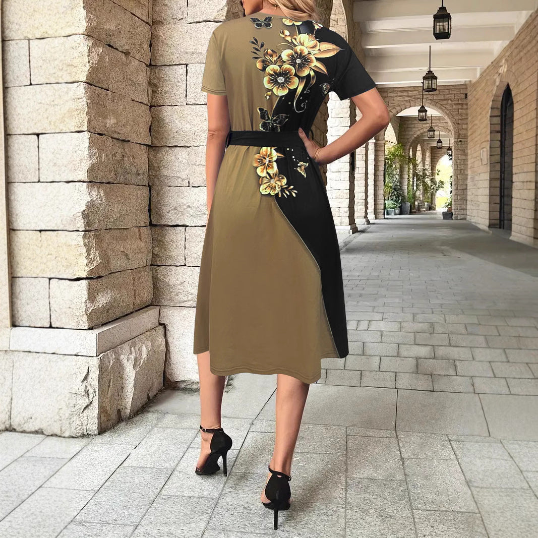 Robe portefeuille femme – Imprimé floral papillon – Ceinture – Tissu léger respirant – Coupe fluide longueur genou