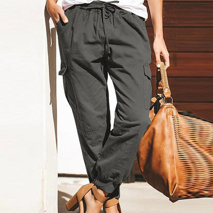 Pantalon cargo femme – Coupe décontractée – Coton – Taille élastique – Poches utilitaires