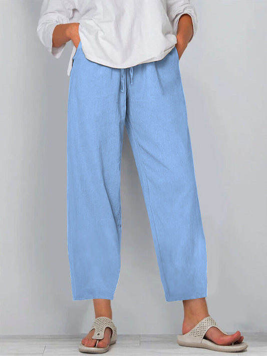 Pantalon femme large – Lin coton – Taille élastique avec cordon – Coupe décontractée