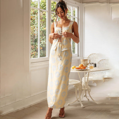 Ensemble Femme 2 Pièces – Top Dentelle Col Carré – Jupe Longue Imprimée Fendue