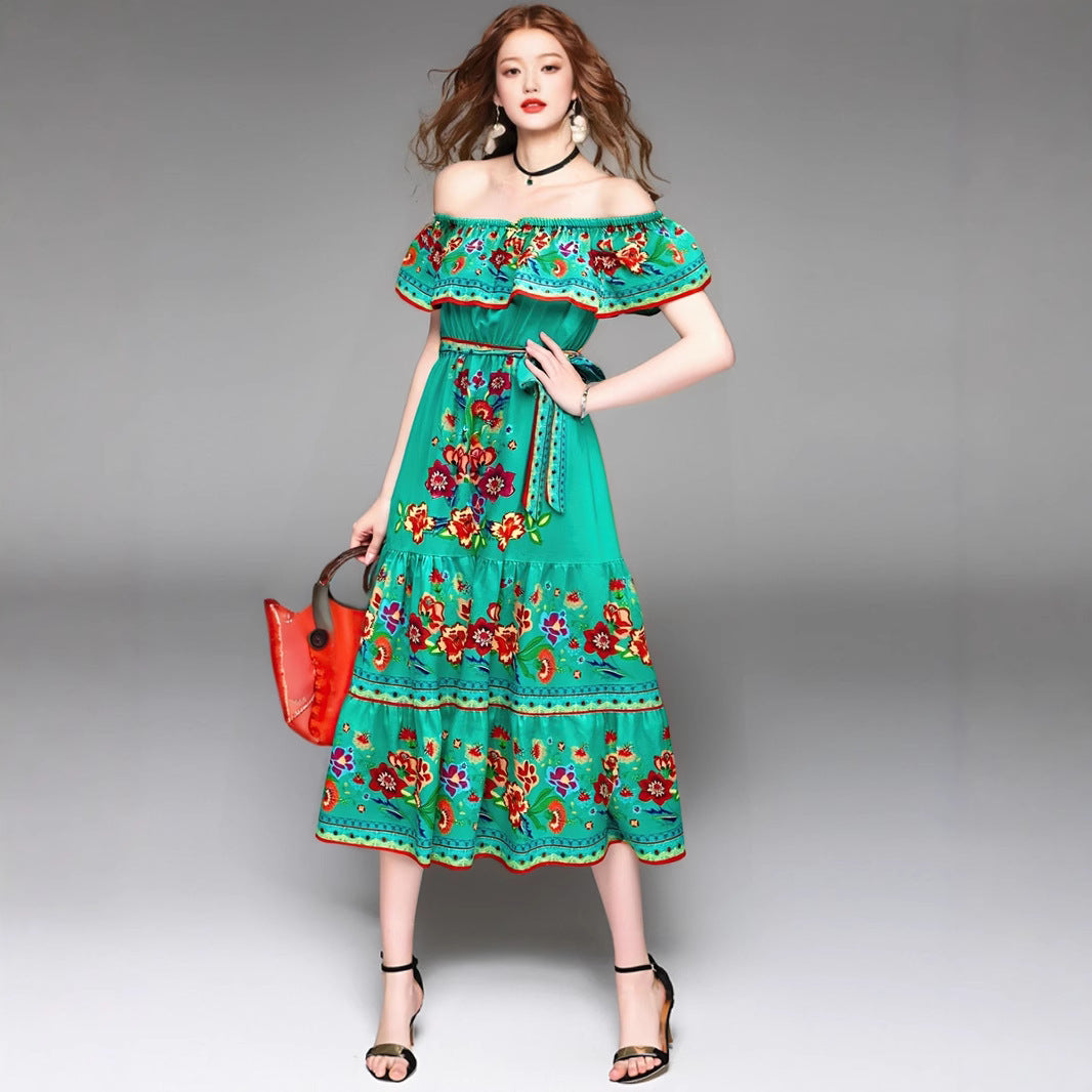 Robe longue femme – Épaules dénudées – Imprimé fleuri – Taille ajustable – Jupe à volants