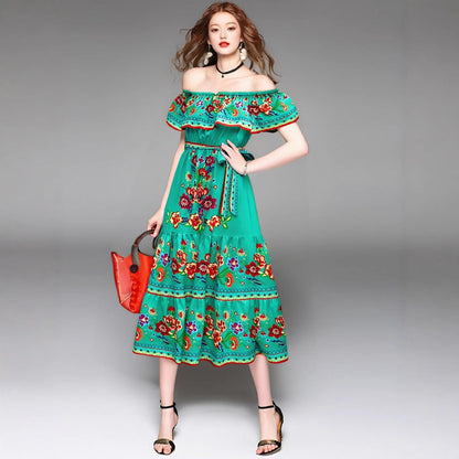 Robe longue femme – Épaules dénudées – Imprimé fleuri – Taille ajustable – Jupe à volants