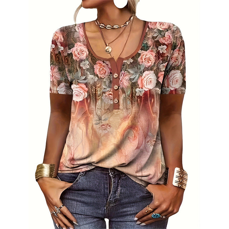 T-shirt femme – Coupe décontractée – Col rond boutonné – Imprimé floral artistique