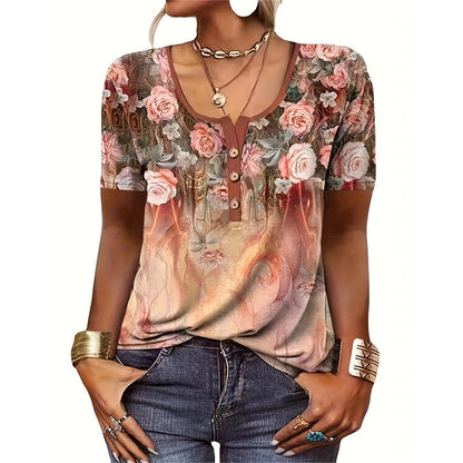 T-shirt femme – Coupe décontractée – Col rond boutonné – Imprimé floral artistique