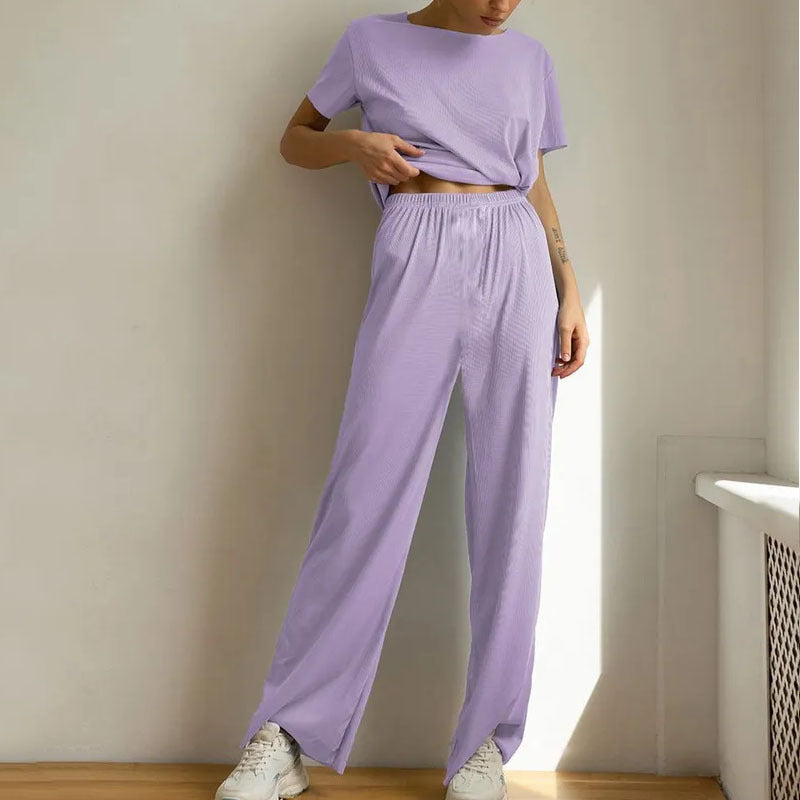 Women's Loungewear Set – Cropped Top Short Sleeves – Wide Pants – Drawstring Waist