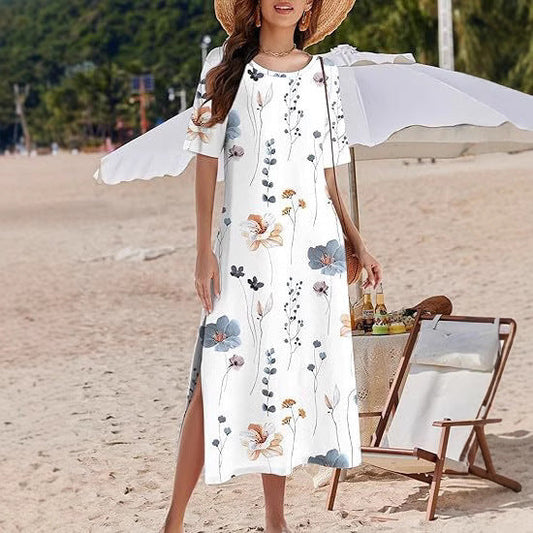 Robe maxi femme – Coupe ample – Imprimé fleuri bohème – Fentes latérales – Tissu respirant