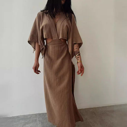 Robe longue femme – Coupe slim – Lin et coton – Fente haute – Taille ajourée