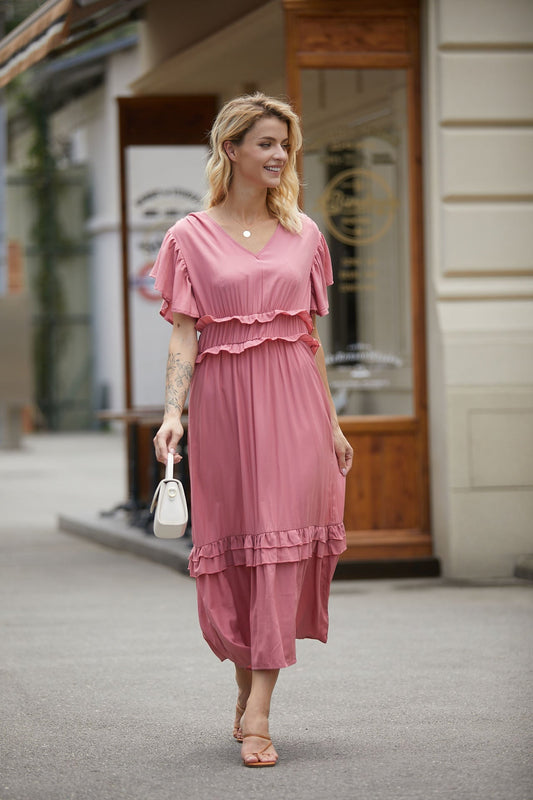 Robe longue femme – Tissu respirant – Volants – Manches papillon – Décolleté en V