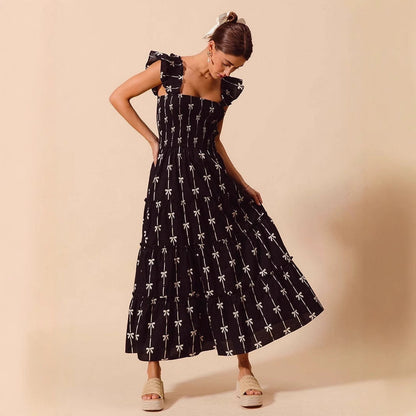 Robe longue femme – Bretelles à volants – Tissu respirant – Buste smocké élégant