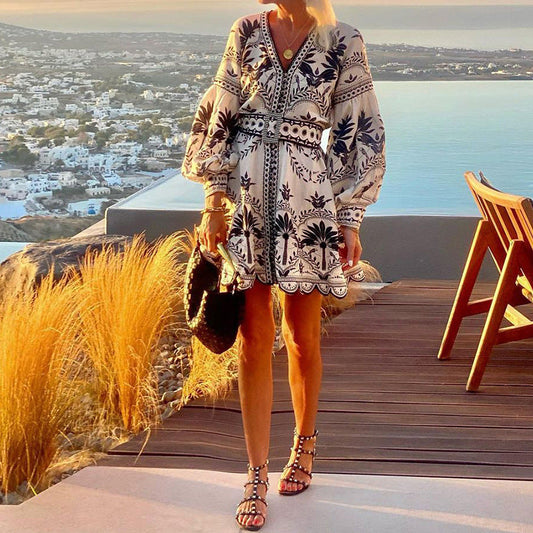Robe courte femme – Coupe fluide – Manches longues – Décolleté en V – Imprimé botanique