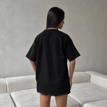 T-shirt graphique femme – Coupe ample – Coton mélangé – Imprimé lèvres léopard – Manches courtes