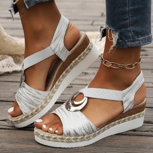 Sandales compensées femme – Bout ouvert – Bride arrière réglable – Semelle en jute