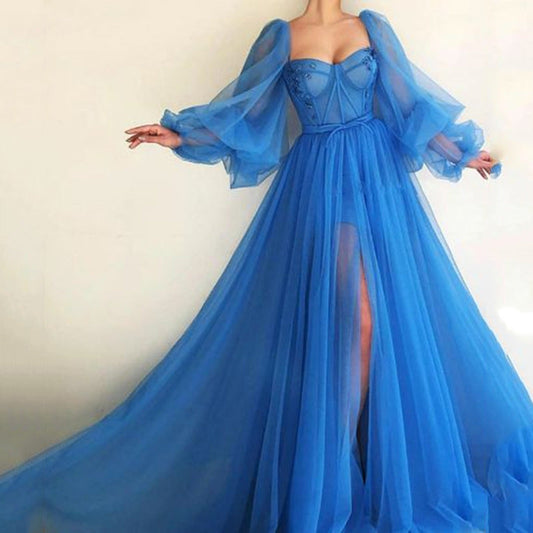 Robe de soirée femme – Tulle fluide – Décolleté cœur – Manches volumineuses – Fente élégante