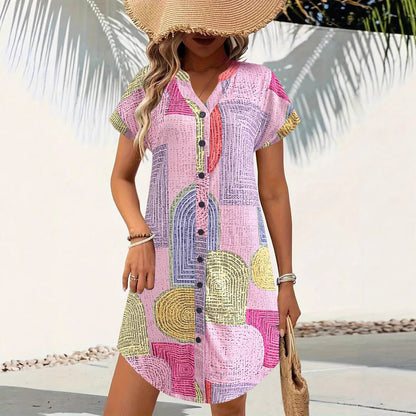 Robe femme – Coupe ample – Col en V – Manches courtes – Boutonnée – Imprimé géométrique
