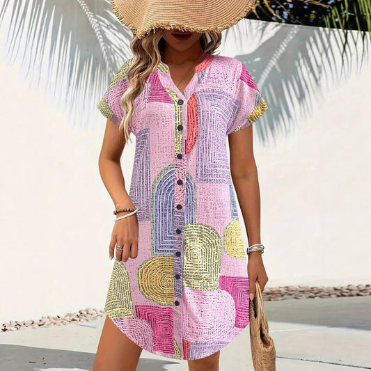 Robe femme – Coupe ample – Col en V – Manches courtes – Boutonnée – Imprimé géométrique