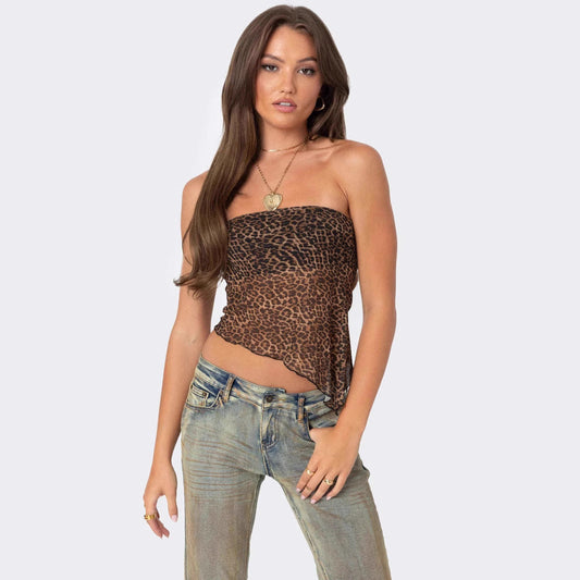 Haut tube femme – Coupe slim – Sans bretelles – Imprimé audacieux – Ourlet asymétrique