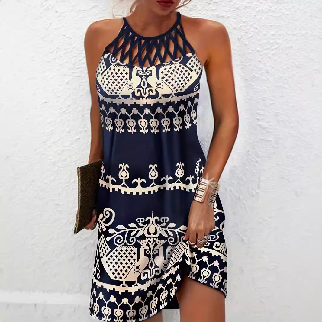 Robe femme – Col halter – Coupe slim – Détails découpés – Imprimé feuillage – Mini