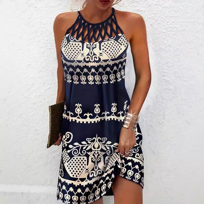 Robe femme – Col halter – Coupe slim – Détails découpés – Imprimé feuillage – Mini