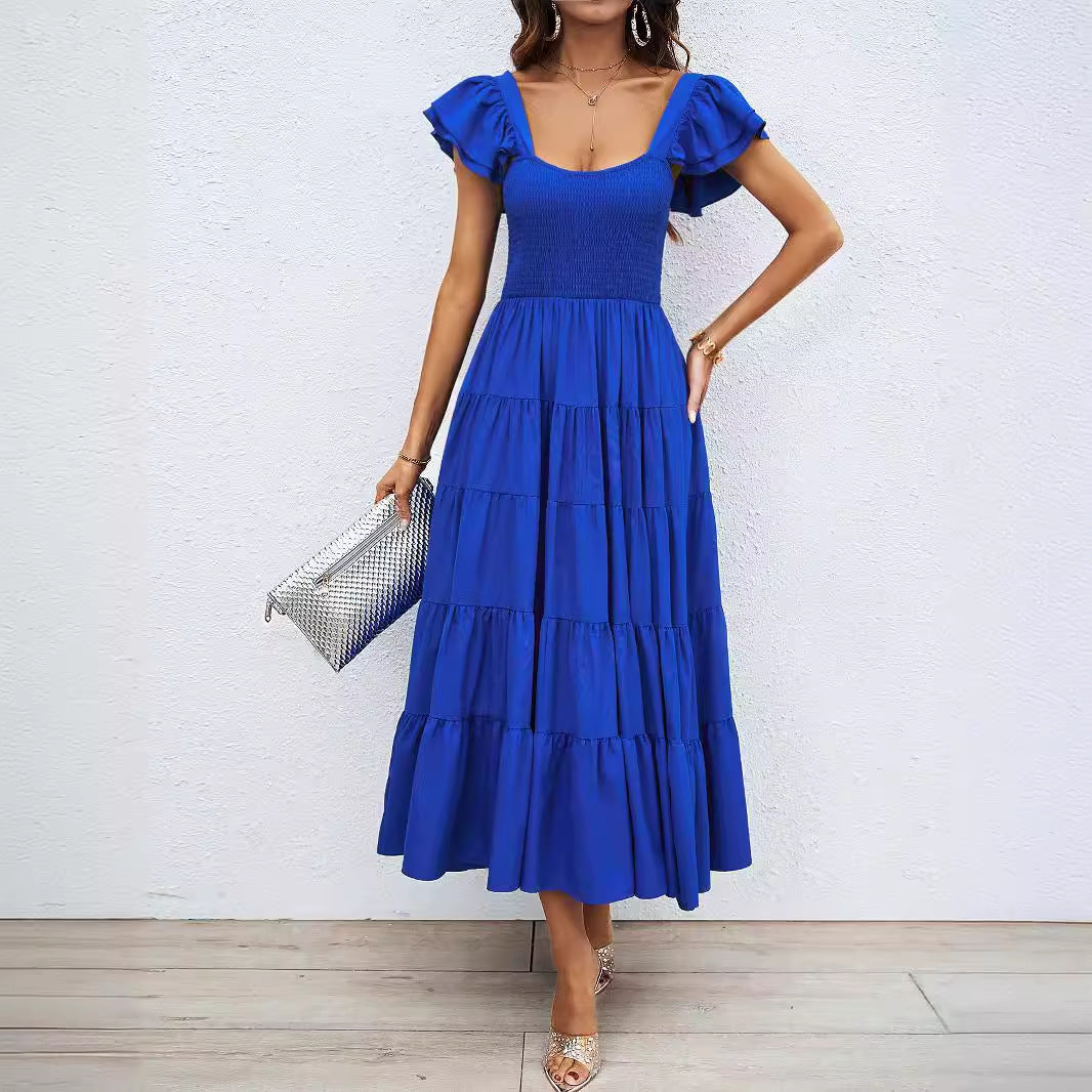 Robe longue femme – Bretelles volantées – Buste smocké – Jupe évasée à volants – Tissu respirant