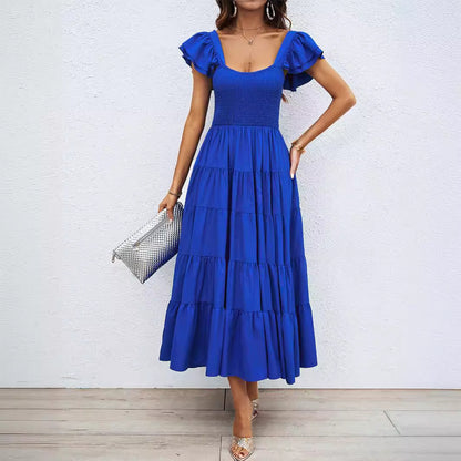 Robe longue femme – Bretelles volantées – Buste smocké – Jupe évasée à volants – Tissu respirant