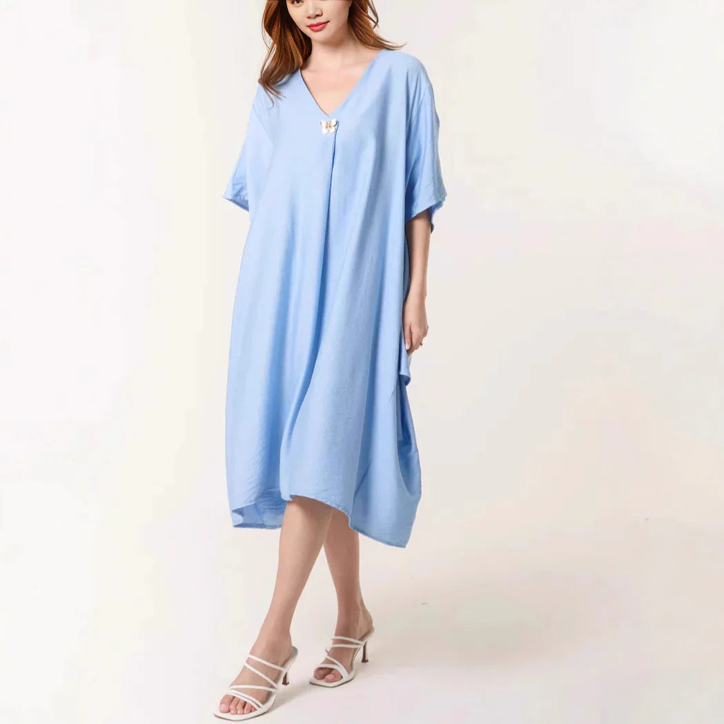 Robe Tunique Femme – Coupe Ample – Tissu Respirant – Manches Courtes – Col V Midi
