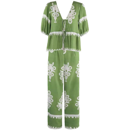 Ensemble Femme Deux Pièces – Haut Nœud Court – Pantalon Large