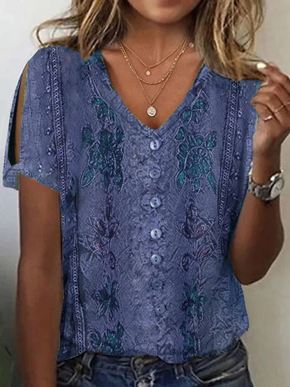 Blouse femme – Coupe décontractée – Tissu respirant – Col V – Broderie bohème