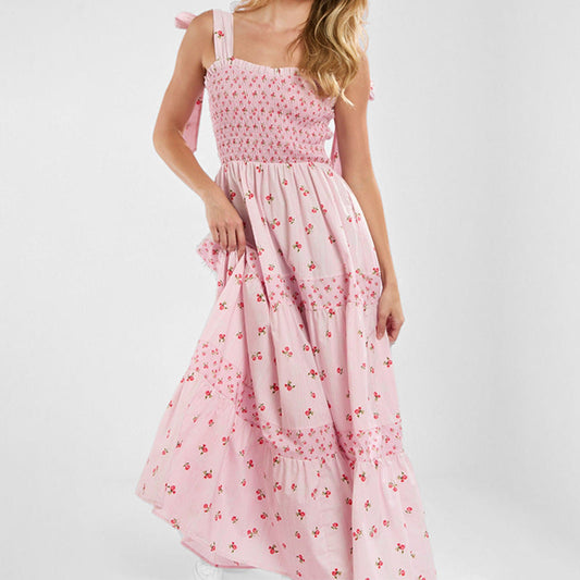 Robe longue femme – Coton – Dos smocké – Bretelles à nouer – Imprimé fleuri