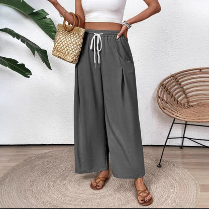 Pantalon large femme – Coupe décontractée – Taille élastique avec cordon