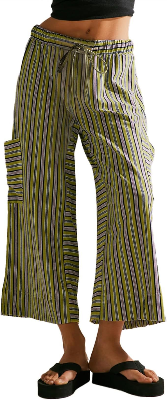 Pantalon femme large – Coupe décontractée – Rayures verticales – Tissu respirant – Taille à cordon