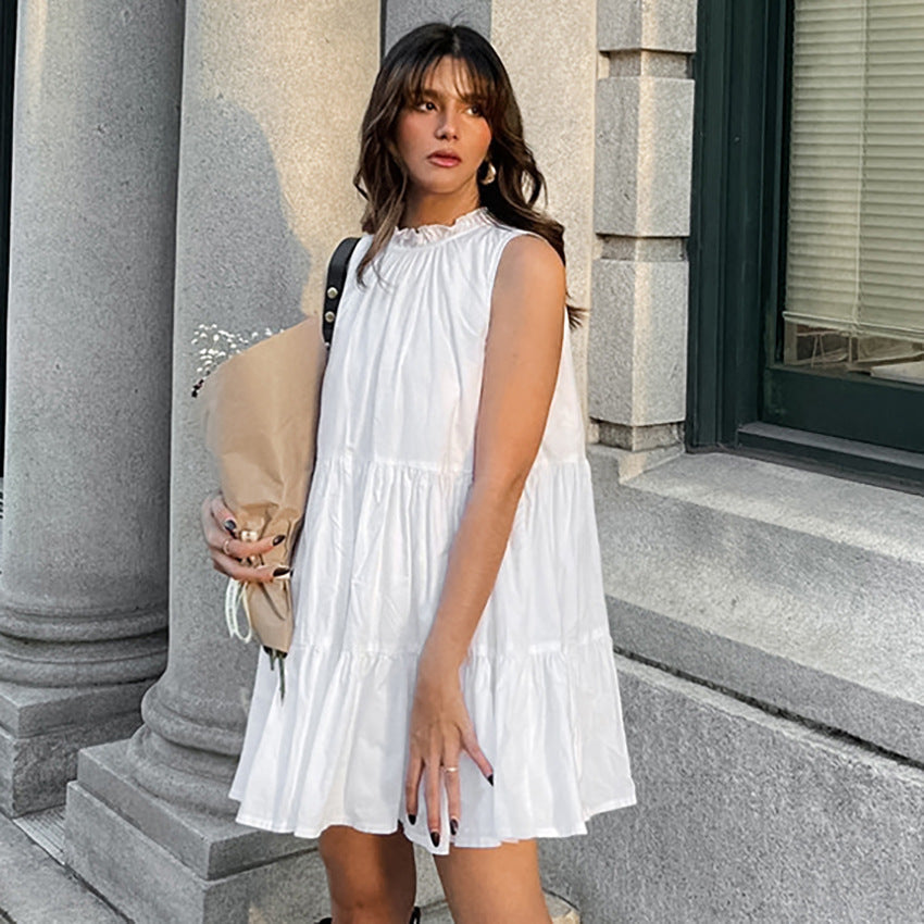 Robe femme trapèze – Sans manches – Col haut – Ourlet volanté