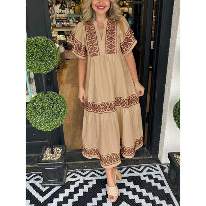 Robe mi-longue femme – Coupe ample – Col en V – Manches papillon – Imprimé bohème