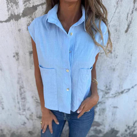 Top sans manches femme – Coupe décontractée – Fibres naturelles – Boutonné col classique