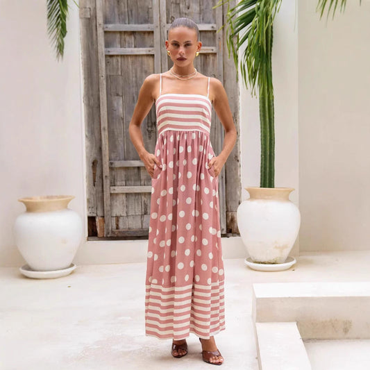 Robe longue femme – Coupe évasée – Coton – Bretelles fines – À motifs avec poches