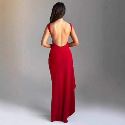 Robe de soirée femme – Coupe moulante – Satinée – Fendue – Dos nu – Longue