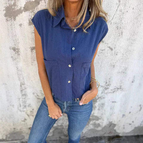 Top sans manches femme – Coupe décontractée – Fibres naturelles – Boutonné col classique