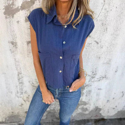 Top sans manches femme – Coupe décontractée – Fibres naturelles – Boutonné col classique