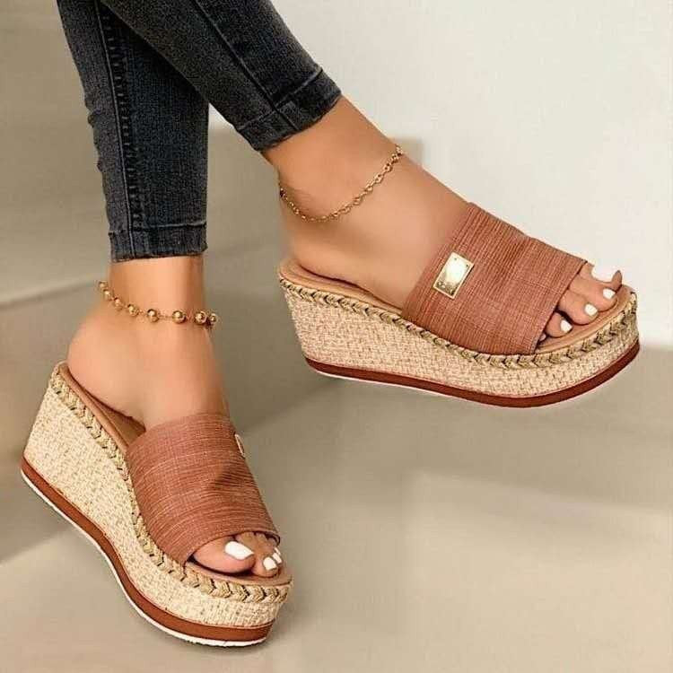 Sandales compensées femme – Bout ouvert – Enfilage facile – Tissu respirant – Talon gainé tressé