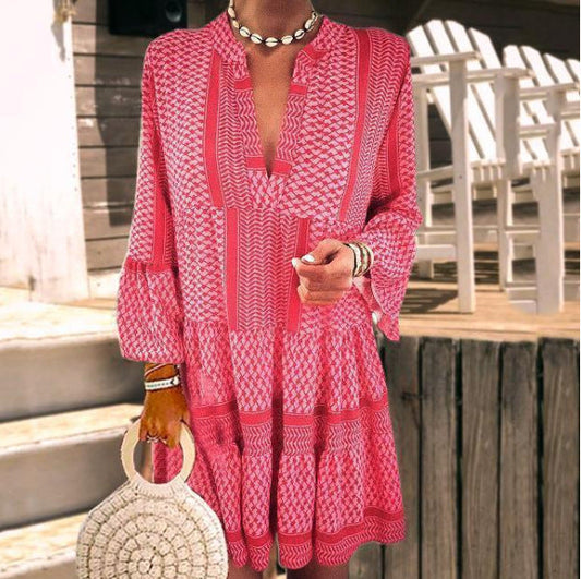 Robe Femme A-Line – Manches Longues – Décolleté V – Ourlet Volanté – Tissu Respirant