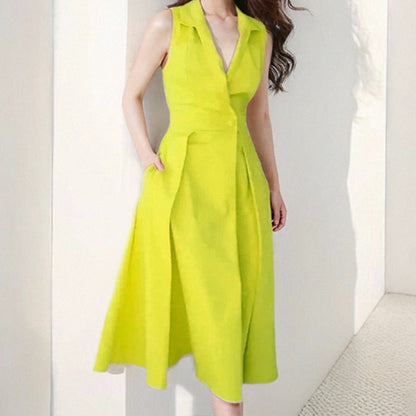 Robe midi femme – Sans manches – Col tailleur – Tissu fluide respirant – Coupe évasée