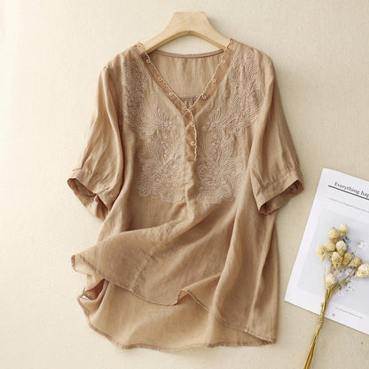 Chemise manches courtes femme – Coupe ample – Col V – Broderie – Tissu respirant