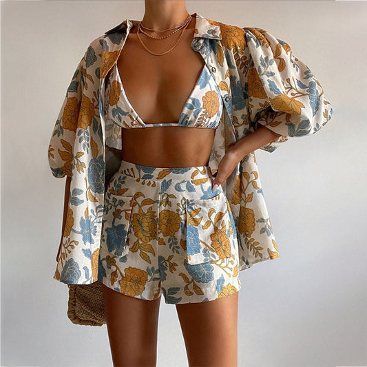 Chemise femme – Coupe ample – Col pointu – Motifs floraux – Manches bouffantes