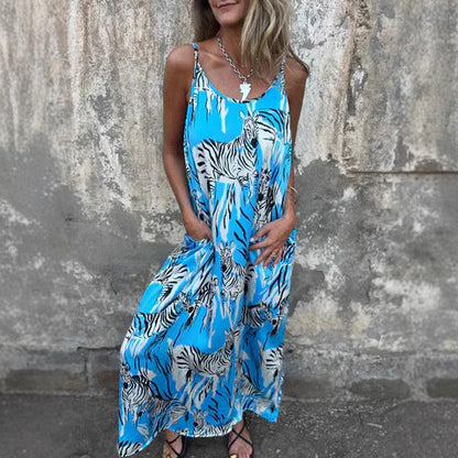 Robe longue femme – Coupe fluide – Bretelles réglables – Fibres naturelles – Poches