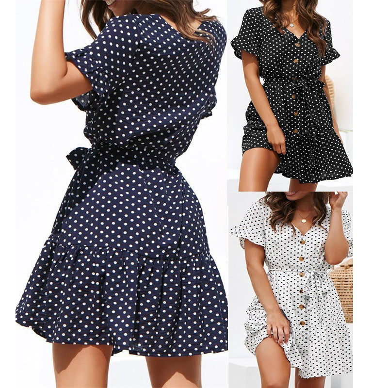 Robe portefeuille femme – Pois – Manches courtes à volants – Coupe fluide – Coton