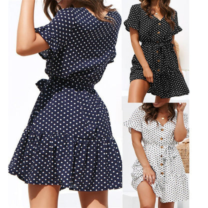 Robe portefeuille femme – Pois – Manches courtes à volants – Coupe fluide – Coton
