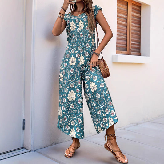 Combinaison femme – Coupe ample – Jambe large – Manches courtes – Imprimé floral